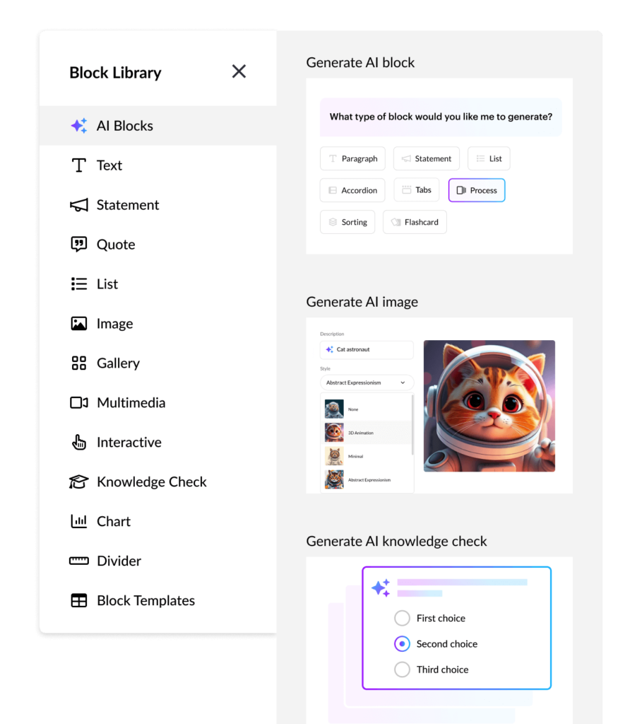 La biblioteca de bloques en Rise con nuevas opciones para crear con IA, que incluyen: generar bloques, imágenes y preguntas de comprobación.