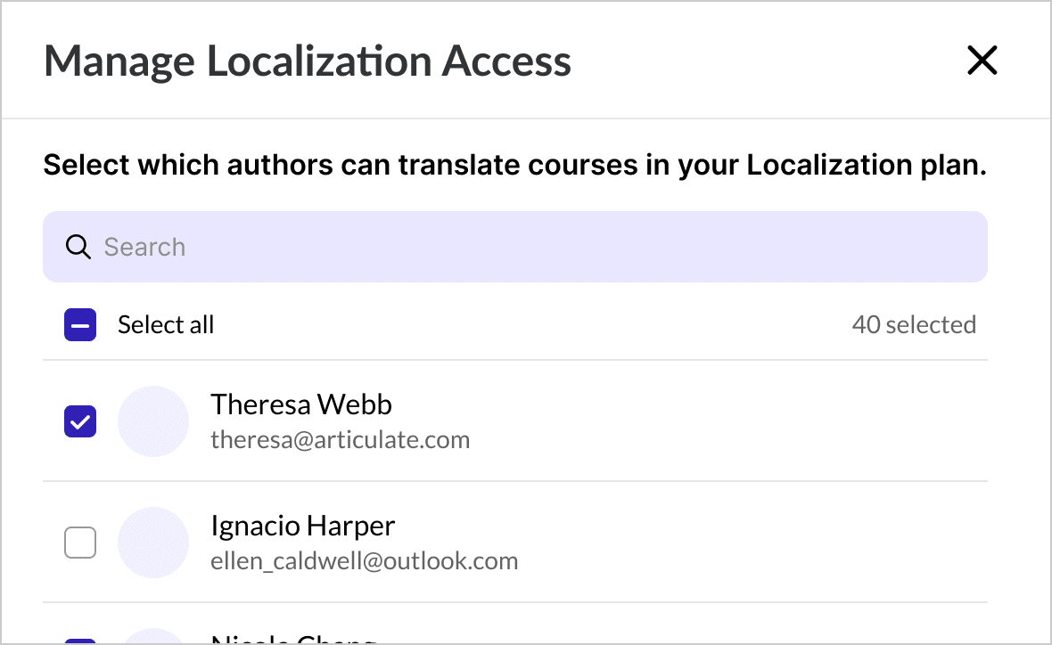 Illustration showing an admin assigning course translation permissions to selected authors.