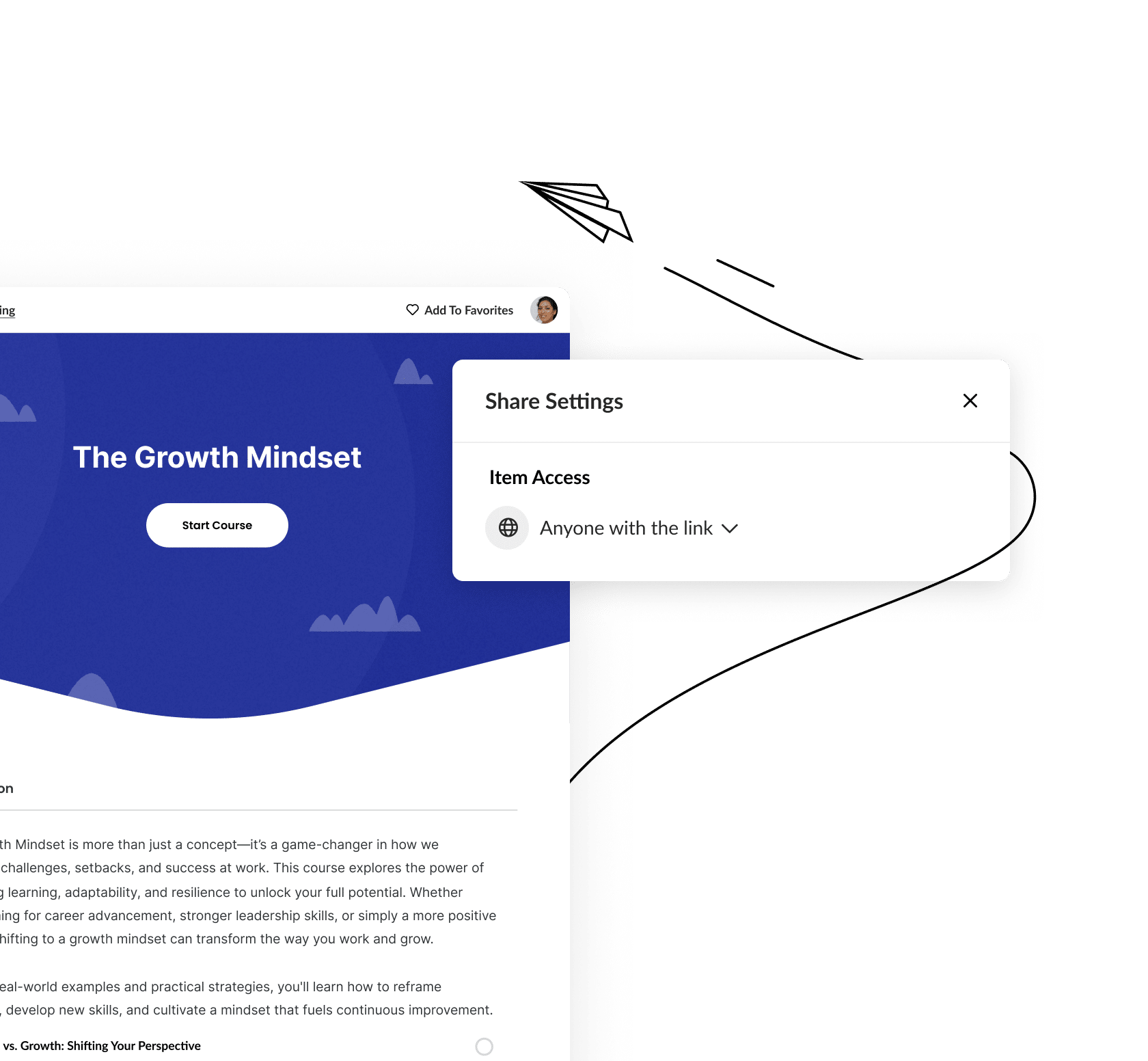 A course on growth mindset, with the Review interface showing the share settings option to grant course access to anyone with the link.